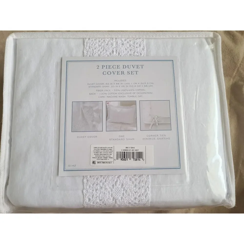 Simply Shabby Chic Twin Duvet Cover Set White Linen Cotton Crochet Trim NIP